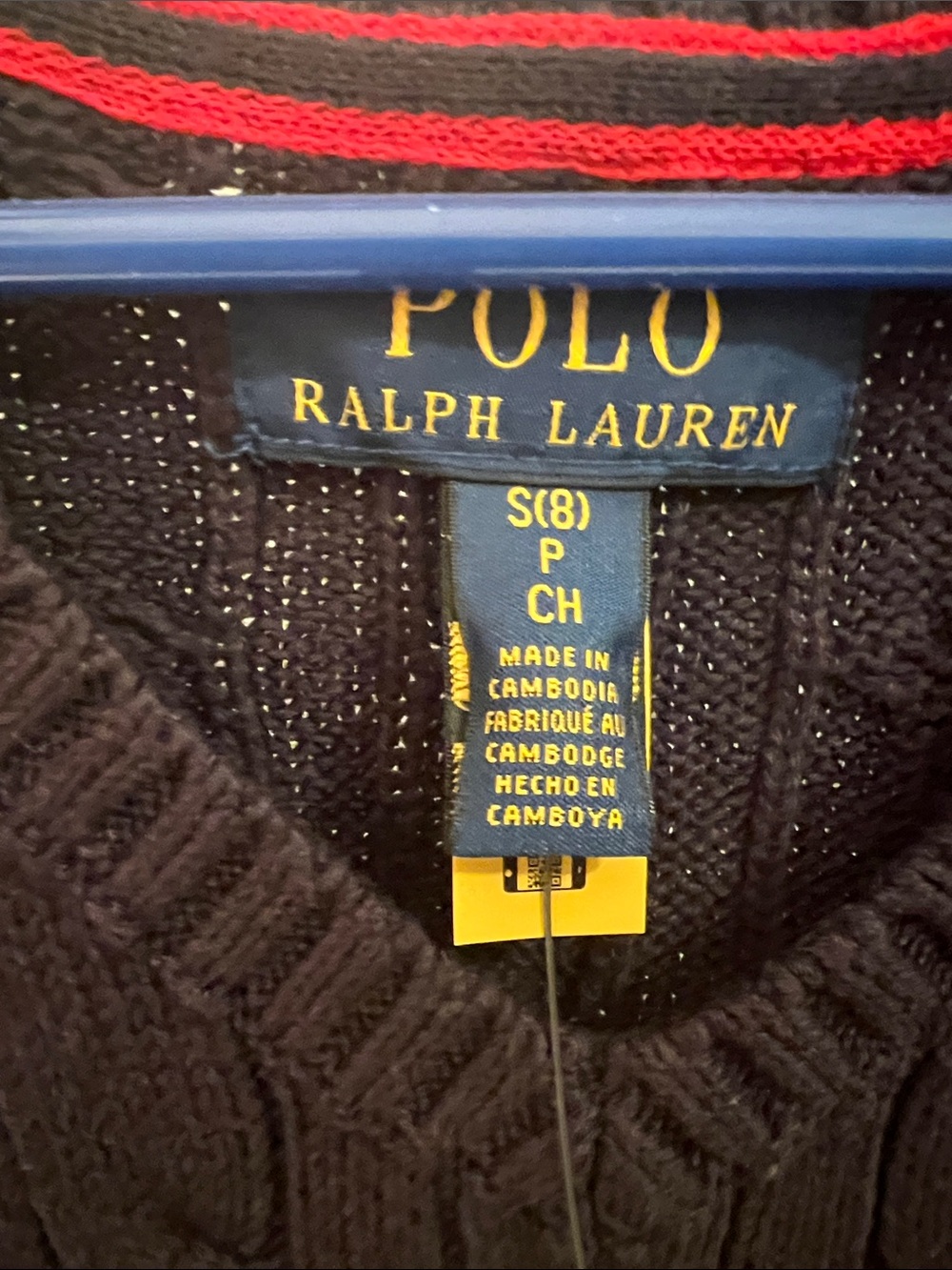 Ralph Lauren Men’s Navy Cable-Knit V-Neck Sweater Vest with Red Pony - Picture 3 of 4
